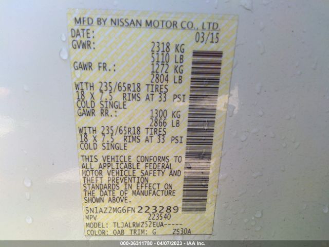 5N1AZ2MG6FN223289 Nissan MURANO SL