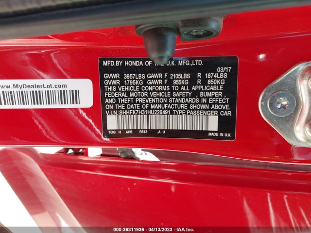 Honda Civic Hatchback Lx 2017 SHHFK7H31HU226491 Image 9