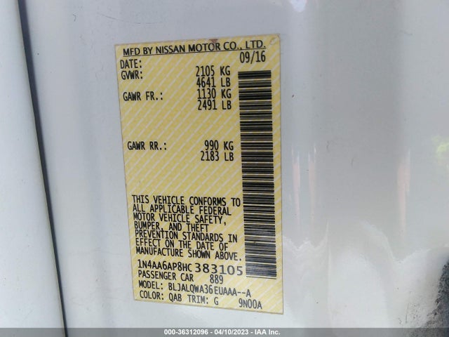 Nissan MAXIMA S 2017 1N4AA6AP8HC383105 Image 10