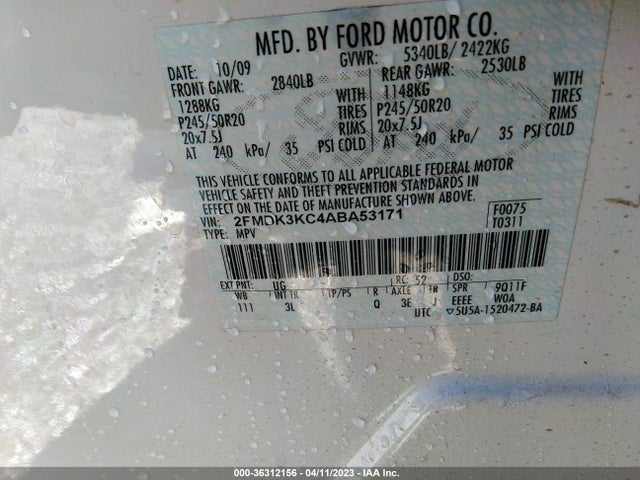 2010 FORD EDGE LIMITED VIN: 2FMDK3KC4ABA53171