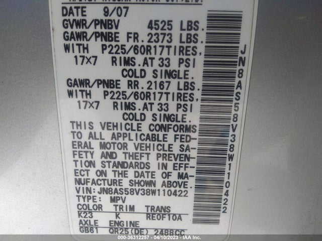 2008 NISSAN ROGUE SL VIN: JN8AS58V38W110422