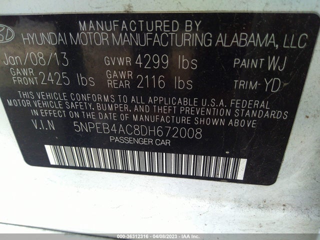 2013 HYUNDAI SONATA GLS VIN: 5NPEB4AC8DH672008
