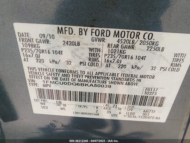 2011 FORD ESCAPE XLT VIN: 1FMCU0DG6BKA50039