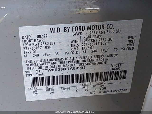 3FTTW8E38NRA84993 Ford Maverick Xl/xlt/lariat