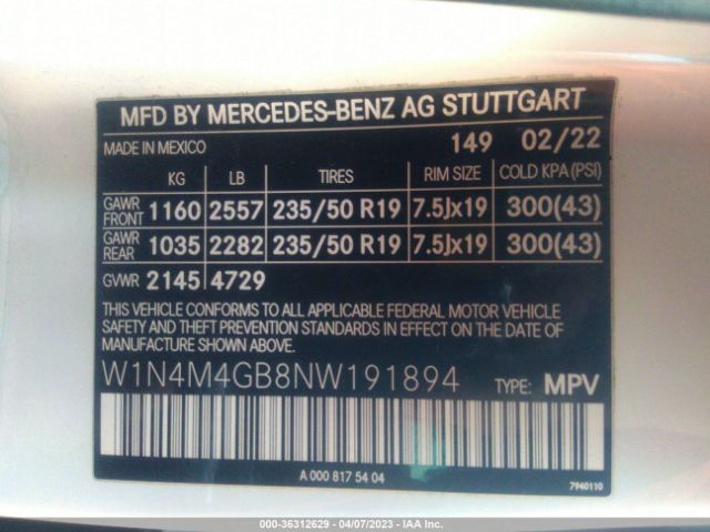 W1N4M4GB8NW191894 Mercedes-Benz Glb Glb 250