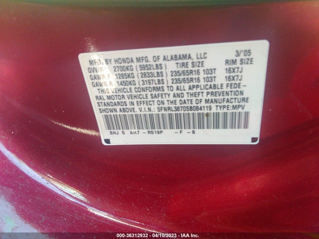 2005 HONDA ODYSSEY EX-L VIN: 5FNRL38705B084119