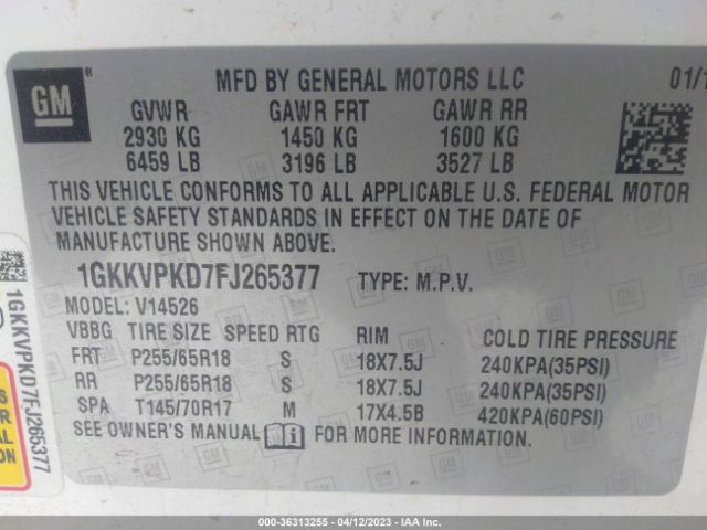 1GKKVPKD7FJ265377 GMC ACADIA SLE