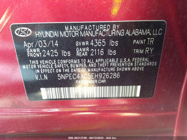 2014 HYUNDAI SONATA SE VIN: 5NPEC4AC5EH926286
