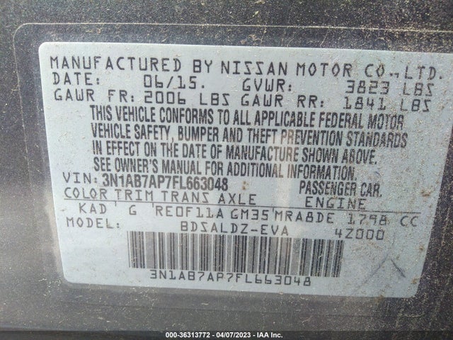 2015 NISSAN SENTRA SR/SL/S/SV/FE+ S VIN: 3N1AB7AP7FL663048