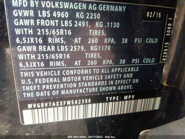 2015 Volkswagen Tiguan S მანქანა იყიდება აუქციონზე, vin: WVGBV7AXXFW582396, აუქციონის ნომერი: 36313804