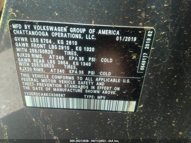 1V2ER2CA6KC538567 Volkswagen Atlas 3.6l V6 Sel
