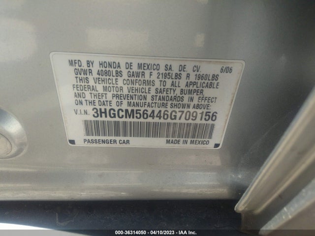 2006 HONDA ACCORD SDN LX VIN: 3HGCM56446G709156