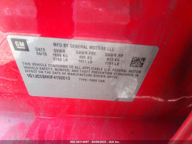 Chevrolet SONIC LT 2015 1G1JC5SH6F4192613 Image 9