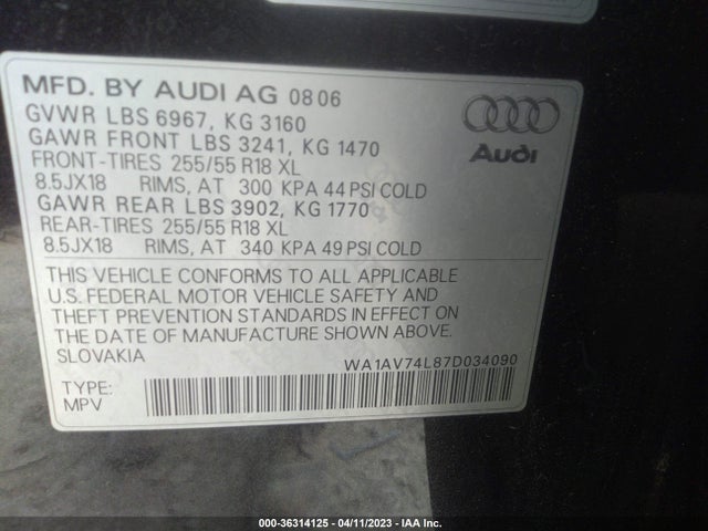 2007 AUDI Q7 VIN: WA1AV74L87D034090