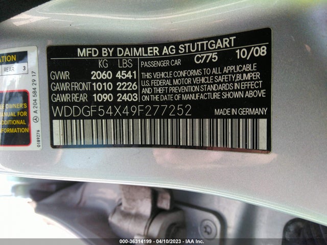 2009 MERCEDES-BENZ C-CLASS 3.0L VIN: WDDGF54X49F277252
