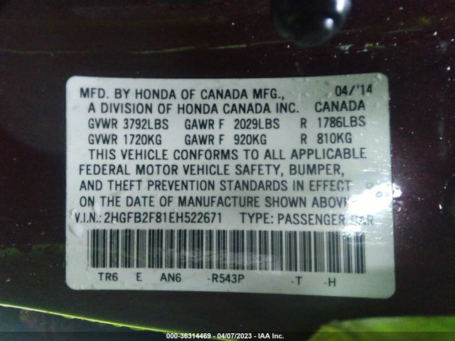 Honda Civic Sedan Ex 2014 2HGFB2F81EH522671 Image 9