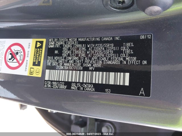 2013 LEXUS RX 350 VIN: 2T2BK1BA1DC170308