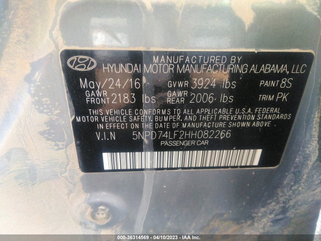 2017 HYUNDAI ELANTRA SE VIN: 5NPD74LF2HH082266