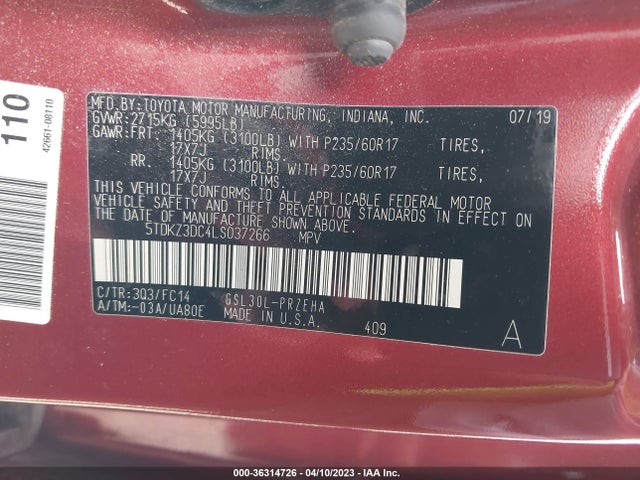 Toyota SIENNA LE 2020 5TDKZ3DC4LS037266 Image 9