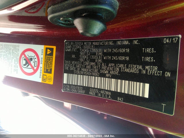 Toyota Highlander Le 2017 5TDBZRFH5HS418062 Image 10