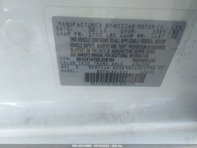 3N1CN7AP3EL826194 Nissan Versa S Plus