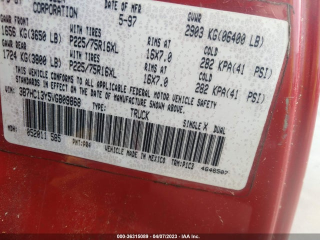 1997 DODGE RAM 1500 VIN: 3B7HC13Y5VG809868