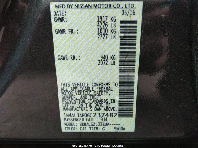 Nissan ALTIMA 2.5 2016 1N4AL3AP0GC237482 Image 11