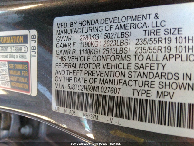 2021 ACURA RDX W/TECHNOLOGY PACKAGE VIN: 5J8TC2H59ML027607
