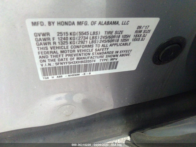 Honda Pilot Ex 2017 5FNYF5H3XHB035574 Image 10