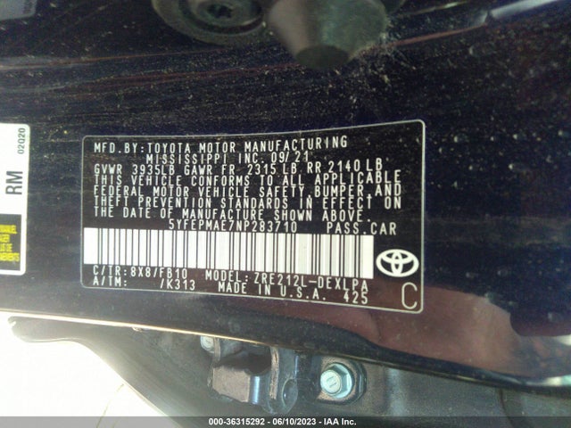 2022 TOYOTA COROLLA LE VIN: 5YFEPMAE7NP283710