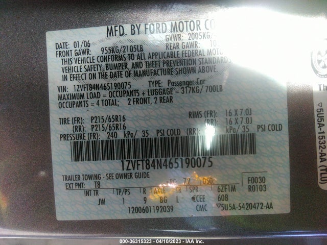 2006 FORD MUSTANG STANDARD/DELUXE/PREMIUM VIN: 1ZVFT84N465190075