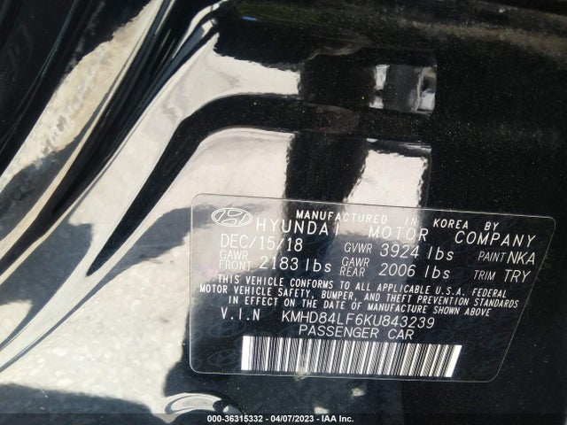 2019 HYUNDAI ELANTRA SEL VIN: KMHD84LF6KU843239