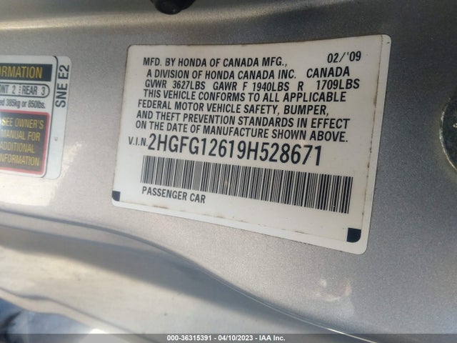 2009 HONDA CIVIC CPE LX VIN: 2HGFG12619H528671
