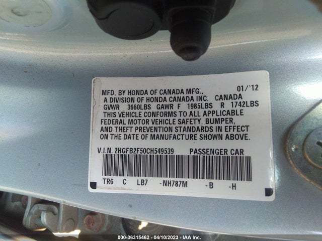 2012 HONDA CIVIC SDN LX VIN: 2HGFB2F50CH549539
