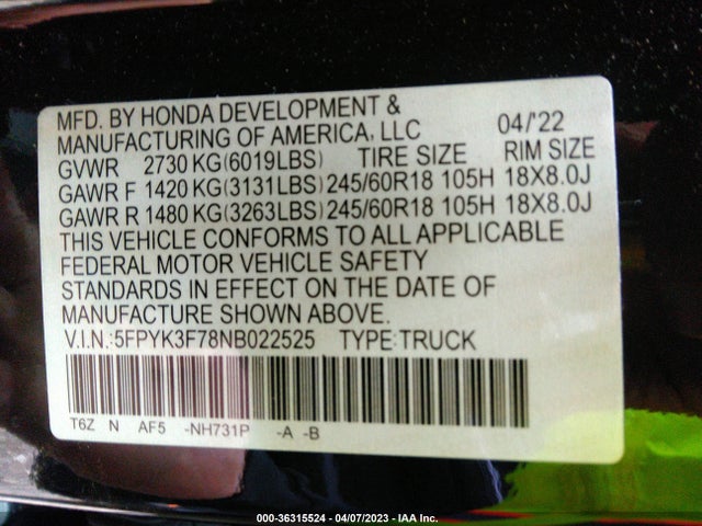 2022 Honda Ridgeline, VIN: 5FPYK3F78NB022525