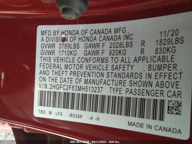 2021 HONDA CIVIC SEDAN LX VIN: 2HGFC2F63MH513237