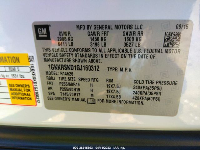 1GKKRSKD1GJ160312 GMC ACADIA SLT