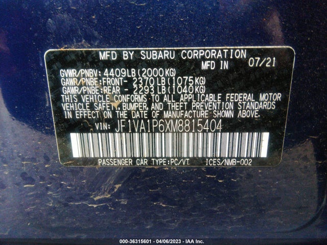 2021 Subaru WRX, VIN: JF1VA1P6XM8815404