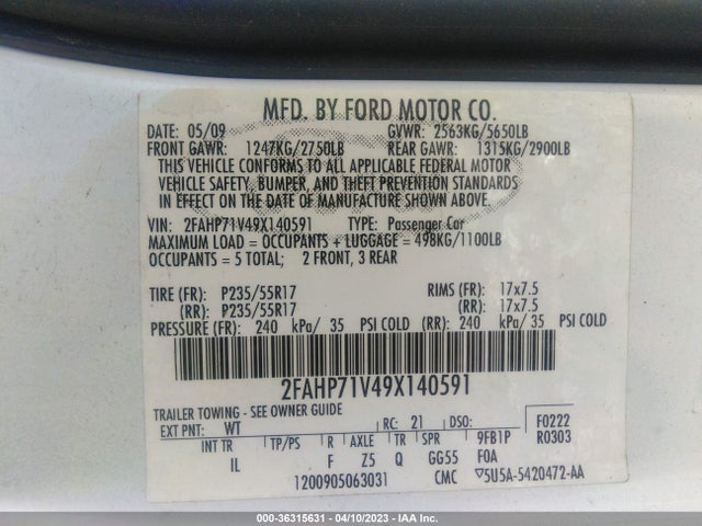 2009 FORD POLICE INTERCEPTOR VIN: 2FAHP71V49X140591
