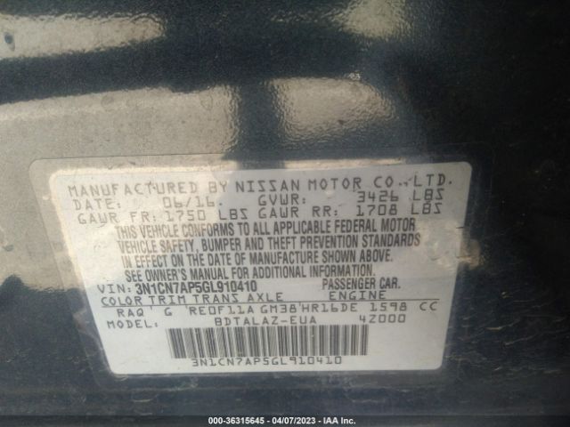 3N1CN7AP5GL910410 Nissan Versa S Plus