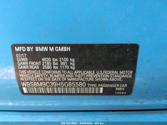 2017 BMW M3, VIN: WBS8M9C39H5G85580
