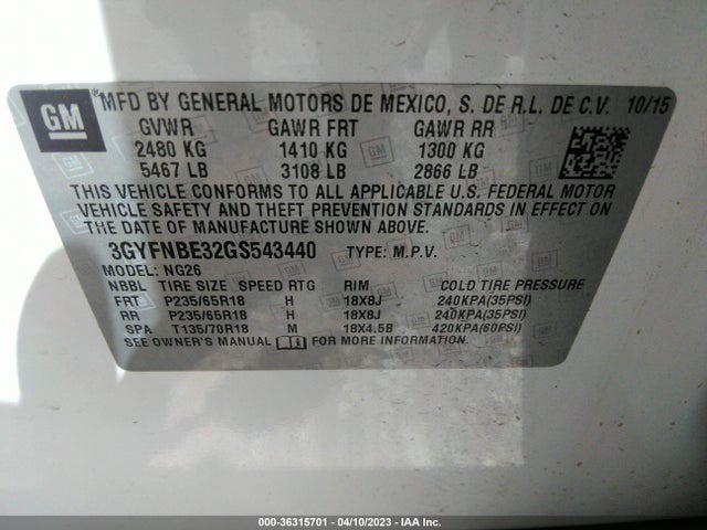 3GYFNBE32GS543440 Cadillac Srx Luxury Collection