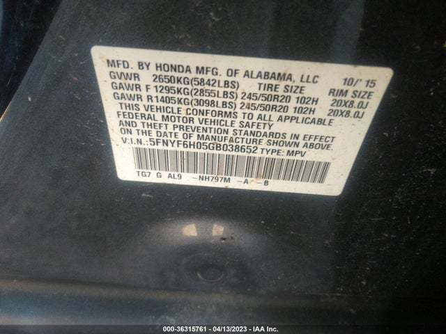 Honda Pilot Elite 2016 5FNYF6H05GB038652 Image 10