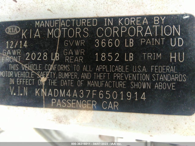 2015 KIA RIO LX VIN: KNADM4A37F6501914