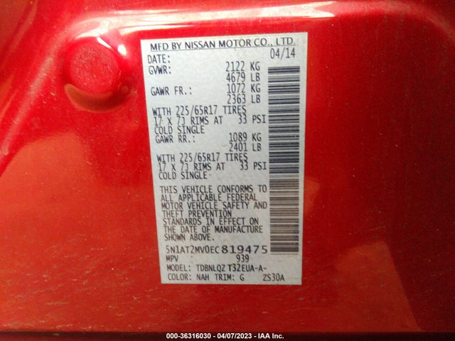2014 NISSAN ROGUE SV VIN: 5N1AT2MV0EC819475