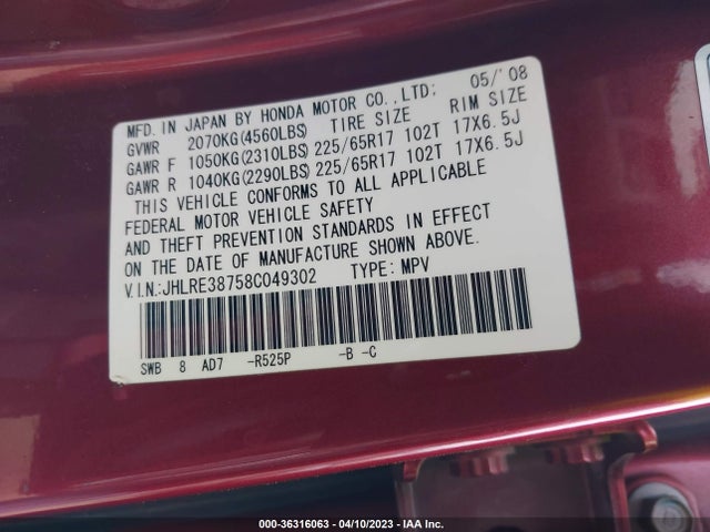 2008 HONDA CR-V EX-L VIN: JHLRE38758C049302