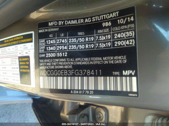 WDCGG0EB3FG378411 Mercedes-Benz Glk-class Glk 250 Bluetec
