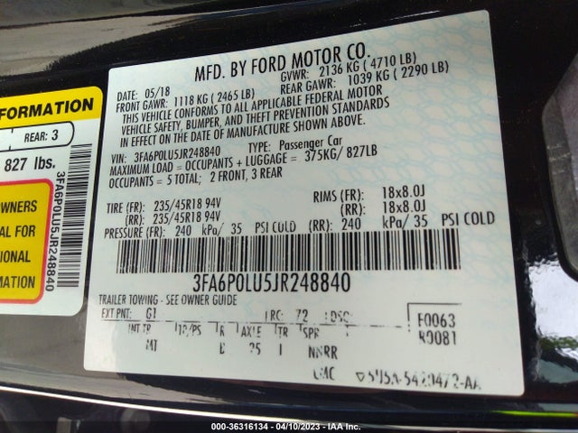 3FA6P0LU5JR248840 Ford Fusion Hybrid Se