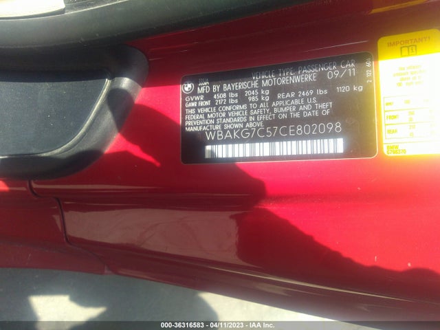 2012 BMW 3 SERIES 335I VIN: WBAKG7C57CE802098