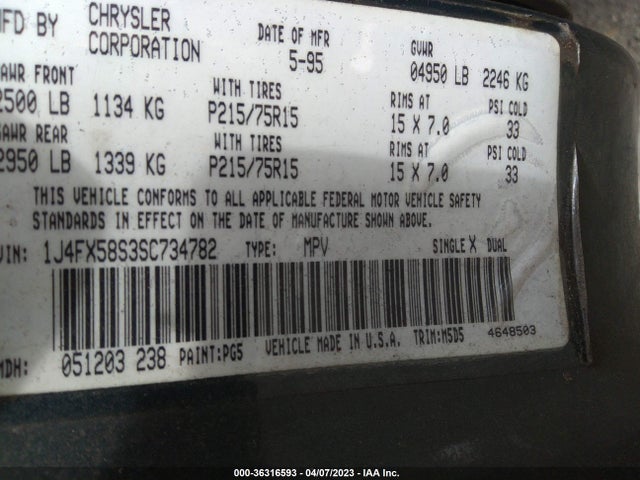1995 JEEP GRAND CHEROKEE LAREDO VIN: 1J4FX58S3SC734782